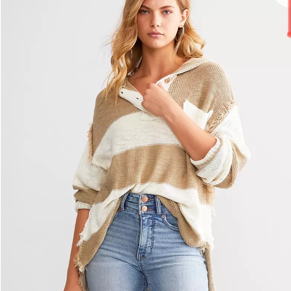BKE Open Weave Striped Sweater with hood